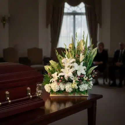 Arreglo de flores blancas y verdes sobre mesa de madera junto a un ataúd marrón en una sala de velatorio con personas sentadas al fondo