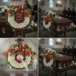 Collage de cuatro fotos que muestran una corona fúnebre redonda de flores blancas, rojas y moradas sobre caballete y apoyada en un ataúd de madera en una sala de velatorio
