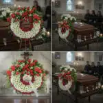 Collage de cuatro fotos que muestran una corona fúnebre redonda de flores blancas, rojas y moradas sobre caballete y apoyada en un ataúd de madera en una sala de velatorio