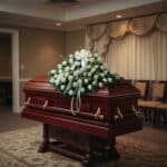 Ataúd de madera barnizada con herrajes dorados y gran arreglo de flores blancas con lazos, ubicado en una sala de velatorio elegante con cortinas claras y alfombra decorativa