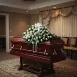 Ataúd de madera barnizada con herrajes dorados y gran arreglo de flores blancas con lazos, ubicado en una sala de velatorio elegante con cortinas claras y alfombra decorativa