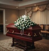Ataúd de madera barnizada con herrajes dorados y gran arreglo de flores blancas con lazos, ubicado en una sala de velatorio elegante con cortinas claras y alfombra decorativa