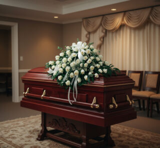 Ataúd de madera barnizada con herrajes dorados y gran arreglo de flores blancas con lazos, ubicado en una sala de velatorio elegante con cortinas claras y alfombra decorativa