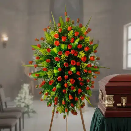 Corona funeraria grande de rosas naranjas y hojas verdes sobre caballete junto a un ataúd de madera en una sala velatoria