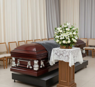 Ataúd de madera barnizada con herrajes plateados en una sala de velatorio, junto a un pedestal con mantel de encaje y un arreglo de flores blancas