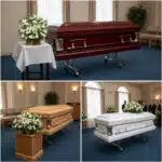 Collage de tres ataúdes, uno rojo oscuro, uno de madera clara y uno blanco, exhibidos en una sala de velatorio con arreglos florales blancos