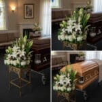 Composición de tres fotos que muestran un arreglo floral con lirios blancos y flores verdes colocado junto a un ataúd de madera en una sala de velatorio