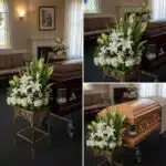 Composición de tres fotos que muestran un arreglo floral con lirios blancos y flores verdes colocado junto a un ataúd de madera en una sala de velatorio