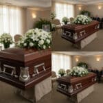 Collage de tres fotos de un ataúd de madera oscura con asas metálicas plateadas y gran arreglo de flores blancas en una sala de velatorio iluminada