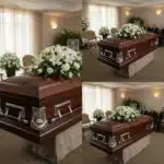 Collage de tres fotos de un ataúd de madera oscura con asas metálicas plateadas y gran arreglo de flores blancas en una sala de velatorio iluminada