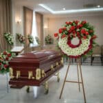 Ataúd de madera barnizada con herrajes dorados junto a una corona fúnebre de flores rojas y blancas en una sala de velatorio elegante