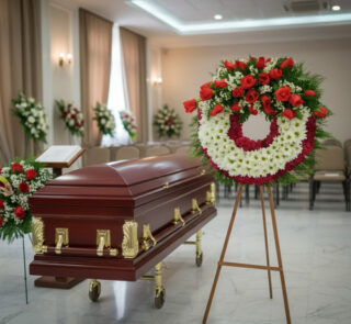 Ataúd de madera barnizada con herrajes dorados junto a una corona fúnebre de flores rojas y blancas en una sala de velatorio elegante
