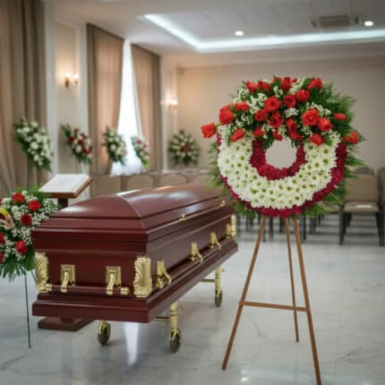 Ataúd de madera barnizada con herrajes dorados junto a una corona fúnebre de flores rojas y blancas en una sala de velatorio elegante