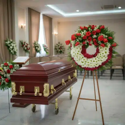 Ataúd de madera barnizada con herrajes dorados junto a una corona fúnebre de flores rojas y blancas en una sala de velatorio elegante