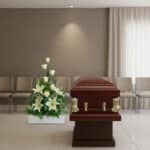 Ataúd de madera barnizada con herrajes dorados junto a un gran arreglo de flores blancas en una sala de velatorio con sillas alineadas y cortinas claras