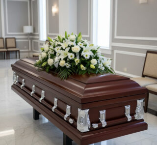 Ataúd de madera oscura con herrajes plateados y arreglo de flores blancas en una sala de velatorio elegante