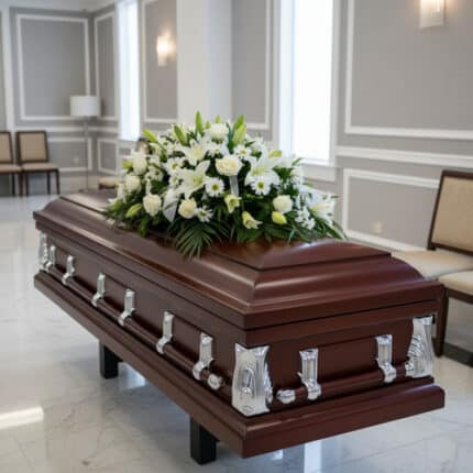 Ataúd de madera oscura con herrajes plateados y arreglo de flores blancas en una sala de velatorio elegante