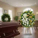 Corona fúnebre grande de flores blancas y amarillas con lazo blanco junto a ataúd de madera en sala de velatorio