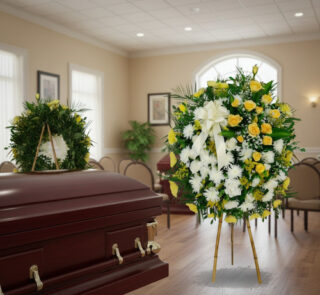Corona fúnebre grande de flores blancas y amarillas con lazo blanco junto a ataúd de madera en sala de velatorio