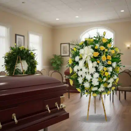 Corona fúnebre grande de flores blancas y amarillas con lazo blanco junto a ataúd de madera en sala de velatorio