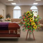 Arreglo floral fúnebre grande con girasoles amarillos y rosas rojas sobre caballete, al lado de un ataúd de madera en una sala de velatorio