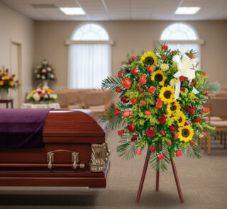 Arreglo floral fúnebre grande con girasoles amarillos y rosas rojas sobre caballete, al lado de un ataúd de madera en una sala de velatorio