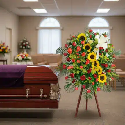 Arreglo floral fúnebre grande con girasoles amarillos y rosas rojas sobre caballete, al lado de un ataúd de madera en una sala de velatorio