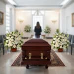 Ataúd de madera pulida con herrajes dorados en el centro de una sala de velatorio, flanqueado por dos grandes arreglos de flores blancas y una mujer de luto al fondo