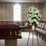 Ataúd de madera barnizada junto a corona de flores blancas en una sala de velatorio con vitrales y filas de sillas