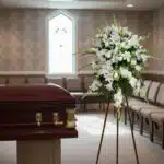 Ataúd de madera barnizada junto a corona de flores blancas en una sala de velatorio con vitrales y filas de sillas