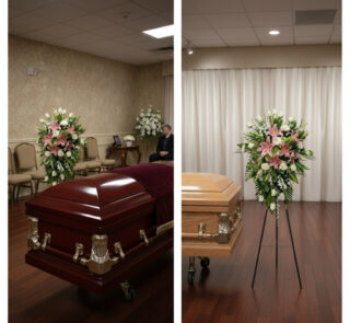 Composición dividida con dos vistas de una sala de velatorio, cada una con un ataúd de madera y un gran arreglo floral de lirios rosados y flores blancas