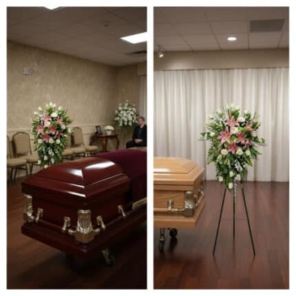 Composición dividida con dos vistas de una sala de velatorio, cada una con un ataúd de madera y un gran arreglo floral de lirios rosados y flores blancas