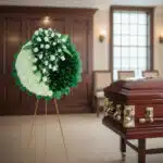 Corona de flores blancas y hojas verdes sobre caballete junto a ataúd de madera con herrajes dorados en sala velatoria