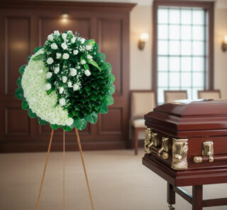 Corona de flores blancas y hojas verdes sobre caballete junto a ataúd de madera con herrajes dorados en sala velatoria