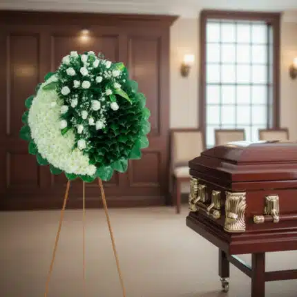 Corona de flores blancas y hojas verdes sobre caballete junto a ataúd de madera con herrajes dorados en sala velatoria