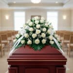 Ramo de rosas blancas con follaje verde colocado sobre un ataúd de madera roja en una sala de velatorio vacía con filas de sillas al fondo