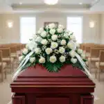 Ramo de rosas blancas con follaje verde colocado sobre un ataúd de madera roja en una sala de velatorio vacía con filas de sillas al fondo