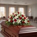 Centro de flores fúnebres con rosas rojas y lirios blancos colocado sobre un ataúd de madera barnizada en una sala velatoria