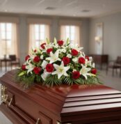 Centro de flores fúnebres con rosas rojas y lirios blancos colocado sobre un ataúd de madera barnizada en una sala velatoria