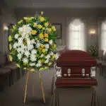 Arreglo floral redondo con flores blancas y amarillas junto a un ataúd de madera en una sala de velatorio