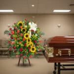 Arreglo fúnebre vertical con girasoles amarillos y rosas rojas sobre caballete, colocado al lado de un ataúd de madera barnizada en una sala velatoria