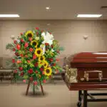Arreglo fúnebre vertical con girasoles amarillos y rosas rojas sobre caballete, colocado al lado de un ataúd de madera barnizada en una sala velatoria
