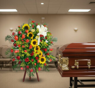 Arreglo fúnebre vertical con girasoles amarillos y rosas rojas sobre caballete, colocado al lado de un ataúd de madera barnizada en una sala velatoria