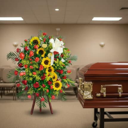 Arreglo fúnebre vertical con girasoles amarillos y rosas rojas sobre caballete, colocado al lado de un ataúd de madera barnizada en una sala velatoria