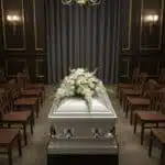 Ataúd blanco con flores blancas en una sala de velatorio con sillas de madera y cortinas grises
