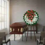 Ataúd de madera marrón con detalles dorados junto a corona fúnebre de flores blancas y rojas sobre caballete en una sala de velatorio iluminada por una gran ventana