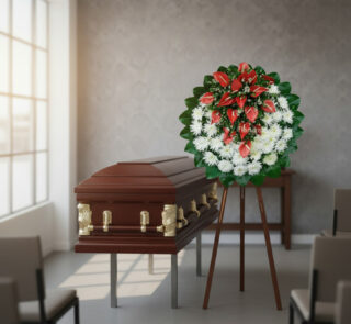 Ataúd de madera marrón con detalles dorados junto a corona fúnebre de flores blancas y rojas sobre caballete en una sala de velatorio iluminada por una gran ventana