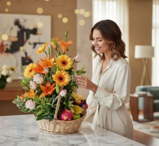 Mujer elegante admirando el Arreglo Basilio, una cesta frutal con rosas, lirios y gerberas en un hogar de lujo. Ideal para re