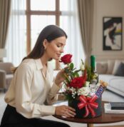 Mujer elegante oliendo una rosa roja de un arreglo floral CARLO con vino y chocolates en un ambiente de lujo.
