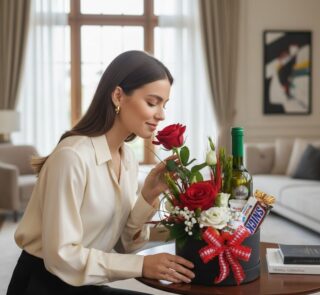 Mujer elegante oliendo una rosa roja de un arreglo floral CARLO con vino y chocolates en un ambiente de lujo.